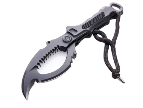 Tactical grappling hook with folding prongs extended, showing compact design and high-strength cord attached, white background - Powered by Adobe