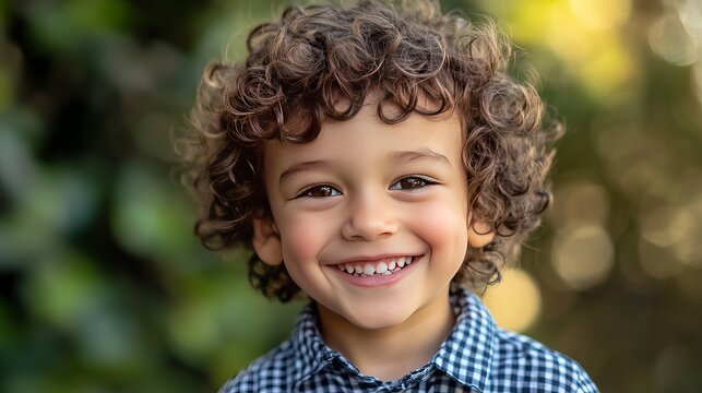 Close up portrait of a smiling young boy with curly hair and a blue checkered shirt outside