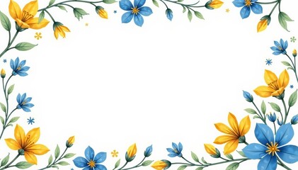 Hand painted floral border with small blue and yellow blossoms on white background, watercolor, tiny, botanical