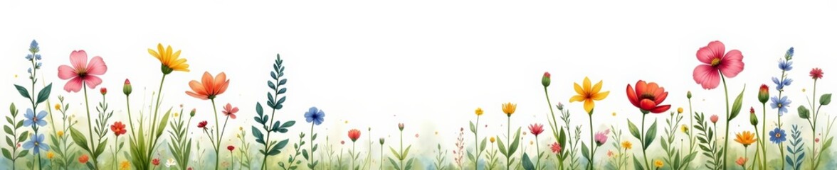 Fototapeta premium Hand painted watercolor meadow flowers arranged in a border design with elegant long stems, hand painted, watercolor, long stems