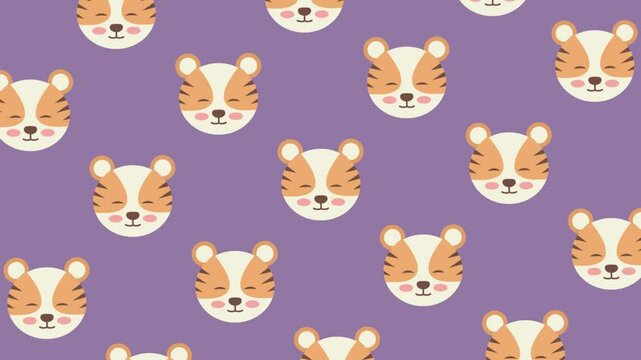 Looping Adorable Tiger Face Seamless Pattern Animation Background