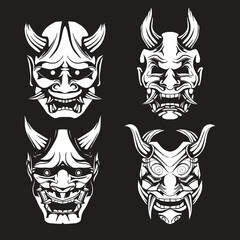Collection Oni mask Japanese culture with horned red mask vector silhouette style illustration isolated on black background