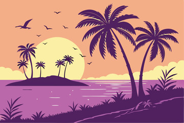 96 Tropical sunset, palm tree silhouettes, vibrant gradient sky, purple and orange hues, golden sun, calm ocean reflection, island landscape, serene beach scene, vector-style illustration, minimalist 