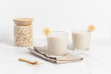 Banana Smoothie with Oats, Healthy Food, Vegan or Vegetarian Diet Food Concept
