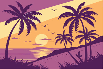 Obraz premium 96 Tropical sunset, palm tree silhouettes, vibrant gradient sky, purple and orange hues, golden sun, calm ocean reflection, island landscape, serene beach scene, vector-style illustration, minimalist 