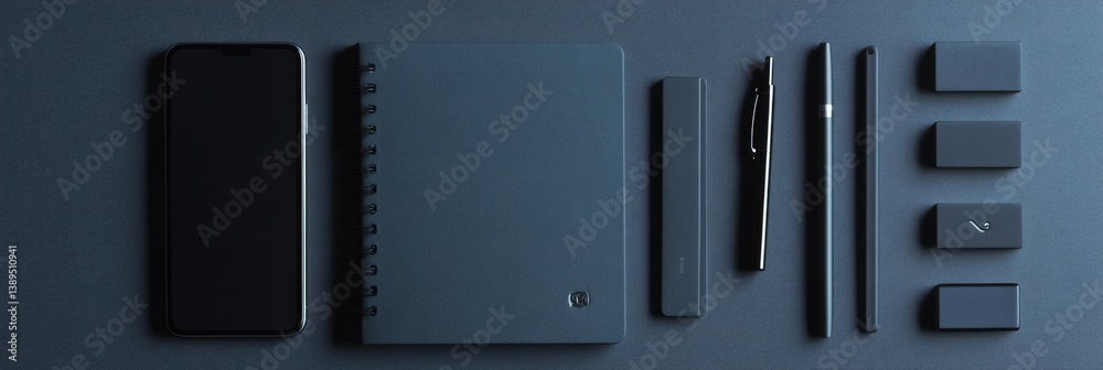 Aufkleber elegance of monochrome office essentials arranged in a structured flat lay with a notebook, pen, pho