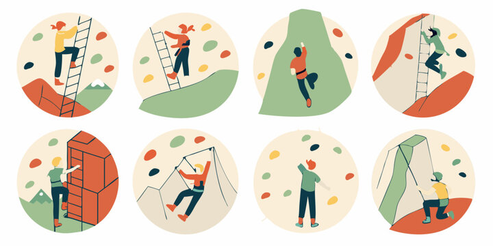 Flat Vector Illustration Set of People Climbing Ladders Rocks and Mountains Diverse Climbing Scenarios for Outdoor Sports Adventure Challenge and Success
