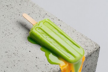 Bright green popsicle melting on concrete surface, showcasing vi