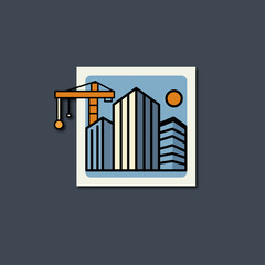 stylized construction logo featuring crane and buildings on dark background, representing real estate development, architecture and engineering industry