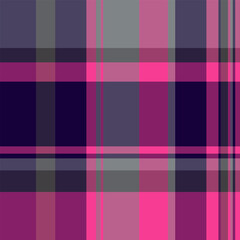 Vibrant plaid pattern with bold pink, purple, and gray hues. A modern, eyecatching textile design, ideal for backgrounds, fashion, or graphic projects.
