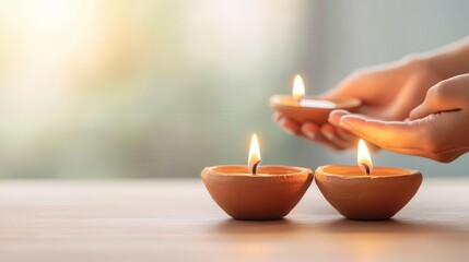 Two hands holding a traditional clay lamp, gently lighting it beside glowing lamps, symbolizing warmth and celebration.