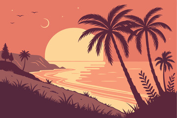 98 Tropical sunset, palm tree silhouettes, gradient sky, vibrant colors, orange and pink hues, large sun on horizon, calm ocean, beach landscape, starry sky, vector art style, flat design, silhouette 