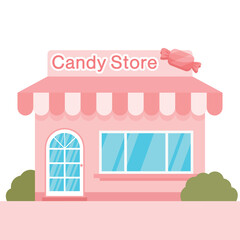 Vector illustration of candy store on white background. Candy store building with windows. There are lollipops and candies in the store.