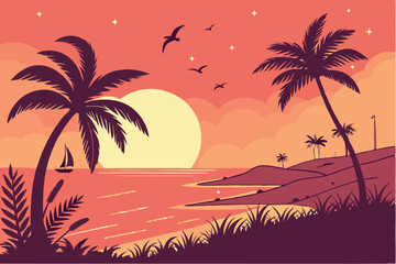 98 Tropical sunset, palm tree silhouettes, gradient sky, vibrant colors, orange and pink hues, large sun on horizon, calm ocean, beach landscape, starry sky, vector art style, flat design, silhouette 