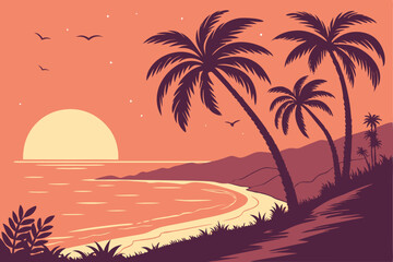 98 Tropical sunset, palm tree silhouettes, gradient sky, vibrant colors, orange and pink hues, large sun on horizon, calm ocean, beach landscape, starry sky, vector art style, flat design, silhouette 