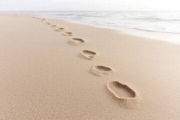 Footprints lead across soft sand, merging with gentle ocean wave