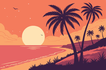 98 Tropical sunset, palm tree silhouettes, gradient sky, vibrant colors, orange and pink hues, large sun on horizon, calm ocean, beach landscape, starry sky, vector art style, flat design, silhouette 