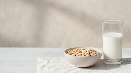 Simple breakfast setup featuring bowl of cereal and glass of mil