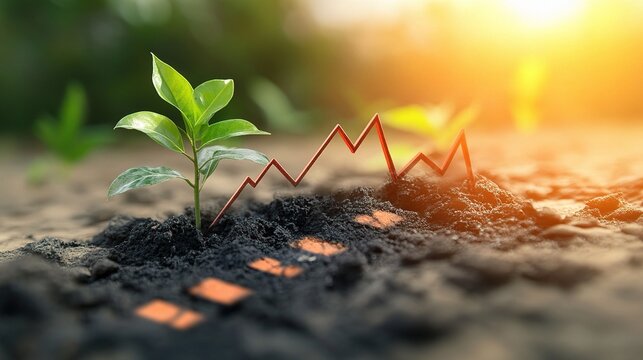 Growth and Decrease in Economy Concept with Plant and Graph Illustration