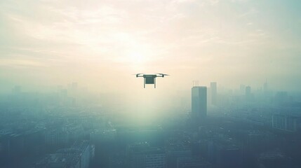 Naklejka premium Aerial Drone Delivery Over Urban Cityscape at Sunrise
