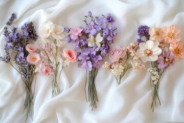 Five pastel-colored dried flower bouquets arranged on white fabric.