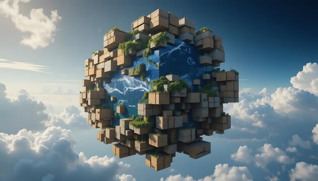 A surreal floating island, a cube of earth and sky, defying gravity amidst fluffy clouds, a breathtaking digital art piece with vibrant colors.