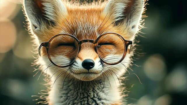 Cute red fox kit wearing round glasses, serene expression