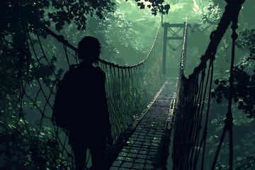 Silhouette Person Walking Jungle Suspension Bridge
