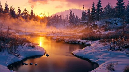 Winter wonderland sunrise over a tranquil stream.  Misty,  golden light bathes a snowy forest - Powered by Adobe