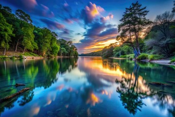 Tranquil Guadalupe River, Texas.  Dark blue stillness, a night scene captured in low light.