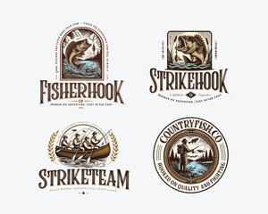 Fototapeta premium Set of vintage badge fishing Sport Logo Design Template with wild fish and fisherman