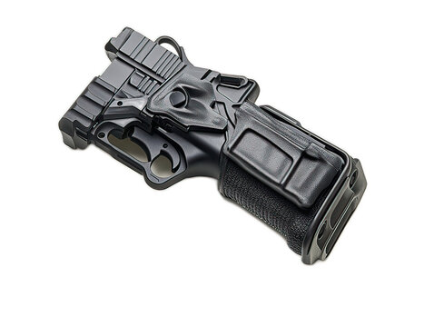 Technical bear spray canister with safety cap removed, trigger mechanism visible, holster partially attached showing quick-draw design, white background
