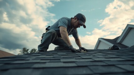 A roofing contractor inspecting the structural integrity of a house roof. Featuring expertise and thoroughness
