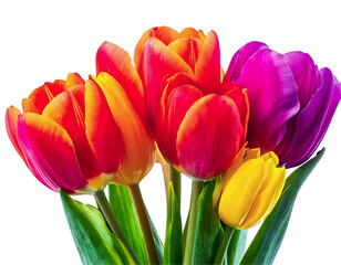 Obraz premium Vibrant closeup of a bouquet of tulips in various colors red, orange, yellow, and purple. A perfect symbol of spring, joy, and new beginnings.