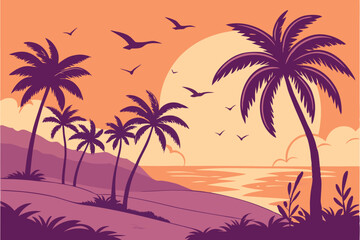 101 Tropical sunset, palm tree silhouettes, vibrant orange and purple sky, birds in flight, beach landscape, gradient colors, warm hues, exotic paradise, vector illustration style, symmetrical composi