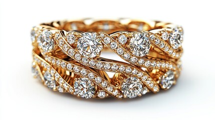 Two diamond encrusted gold rings stacked on a white background