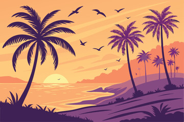 101 Tropical sunset, palm tree silhouettes, vibrant orange and purple sky, birds in flight, beach landscape, gradient colors, warm hues, exotic paradise, vector illustration style, symmetrical composi