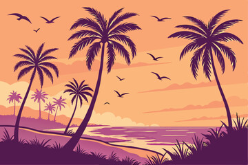 101 Tropical sunset, palm tree silhouettes, vibrant orange and purple sky, birds in flight, beach landscape, gradient colors, warm hues, exotic paradise, vector illustration style, symmetrical composi