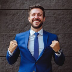 young businessman with his arms raised