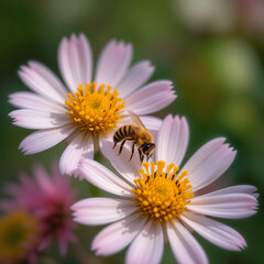 Obraz premium A bee gathers nectar from a pink daisy flower in the summer garden