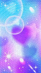 Vibrant stock vector illustration inspired by the Y2K aesthetic. The design features iridescent blue, purple, and pink hues with sparkles, grainy textures, and light refractions, creating a nostalgic 