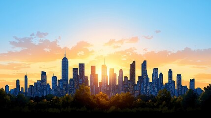 Fototapeta premium City Skyline Silhouette at Sunrise with Warm Light and Blue Sky