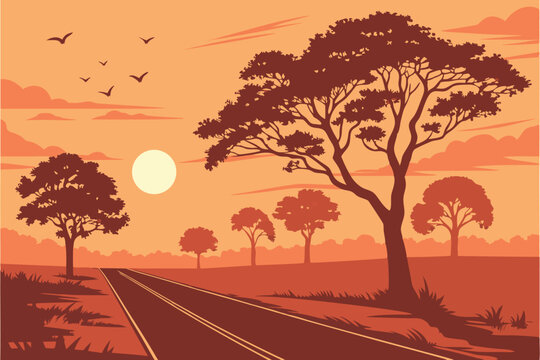 102 Sunset landscape, golden hour, silhouette trees, long road, vibrant orange sky, bright sun, wispy clouds, dramatic lighting, symmetrical composition, digital art style, vector graphic aesthetic, w