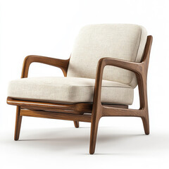 Elegant mid century modern armchair creamy fabric upholstery rich walnut wood frame simple design stylish comfort clean