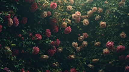 Dense wall of blooming pink roses and peonies, forming a rich, textured floral backdrop