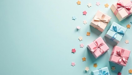 Subtle pastel gift boxes, scattered confetti, dotted pattern, confetti, light