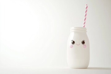 A cute, smiling milk bottle with a pink straw, perfect for kids.