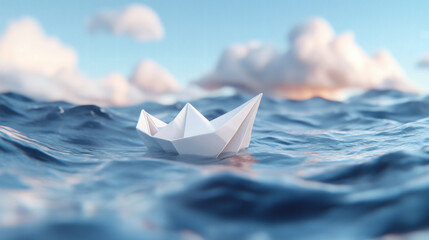 Obraz premium A simple white paper boat drifts serenely on the surface of an endless ocean, surrounded by soft waves and fluffy clouds in a clear blue sky