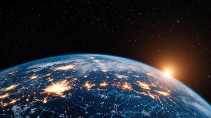 Obraz premium Earth with glowing network in cyberspace and digital cloud concept. Stunning view of Earth from space with digital connections.