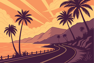 Obraz premium 103 Tropical sunset, coastal road, palm trees, vibrant sky, orange and purple hues, reflective asphalt, curving highway, silhouetted mountains, sun rays, tranquil ocean, scenic landscape, digital art 